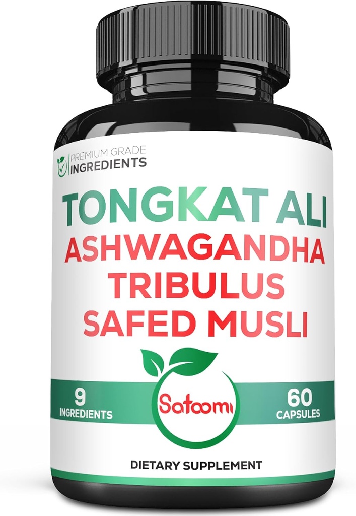 Satoomi Tongkat Ali Root Extract 200:1-9 アシュワガンダとエッセンシャルハーブ, Tribulus Terrestris & More - サポート強度, エネルギーと健康的な免疫 - 60 ビーガンキャップ 2 ヶ月の供給
