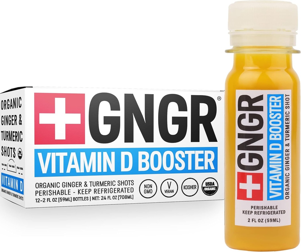 +GNGR Vitamin D Booster – Tropical Immunity Booster Edition Cold-Pressed Ginger Shot with Pineapple, Passion Fruit, Orange, Turmeric & Vitamin D3. Mood, Immunity & Energy. 2 fl oz (Pack of 12)