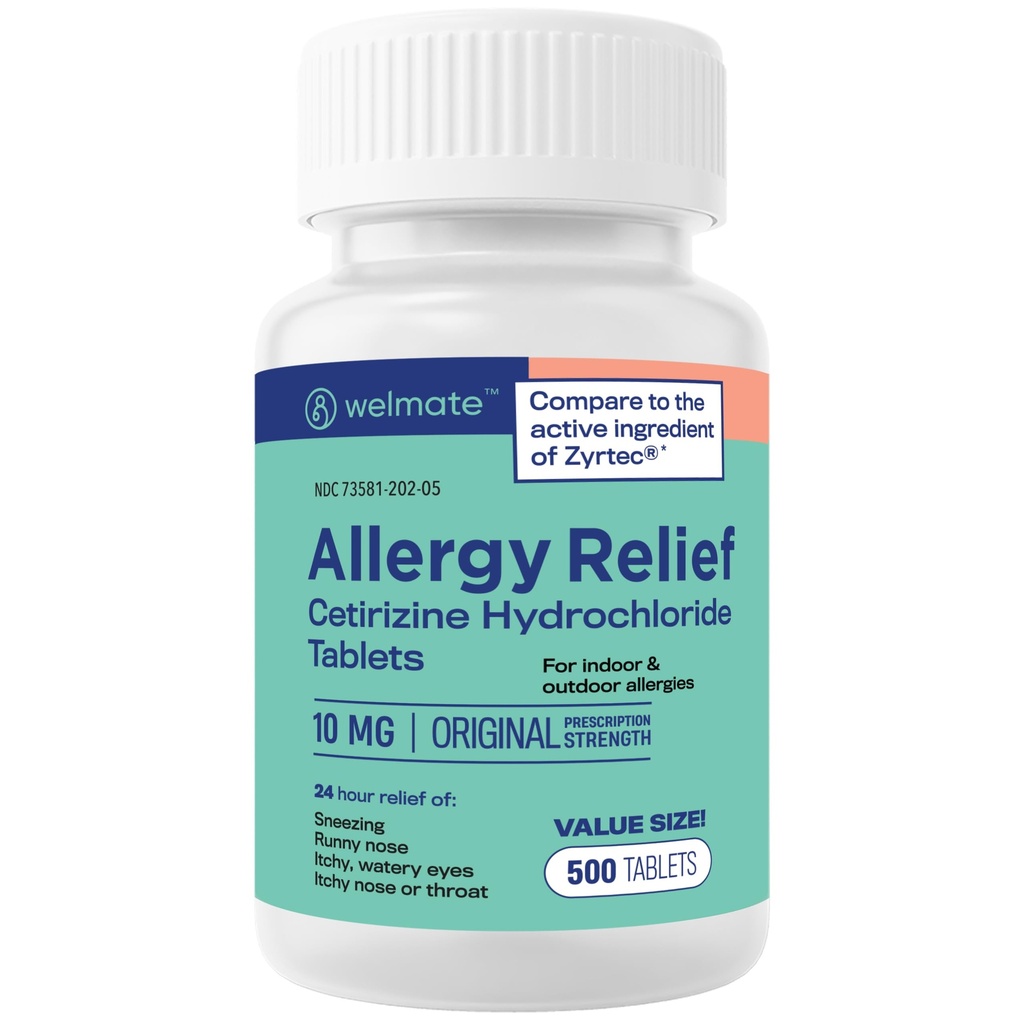 WELMATE - アレルギー救済 - Cetirizine HCl 10mg - 24時間アンチヒスタミン - 非眠気 - 鼻の鼻 - かゆみの目 & 喉 - 屋内&屋外アレルギー救済錠 - 500錠