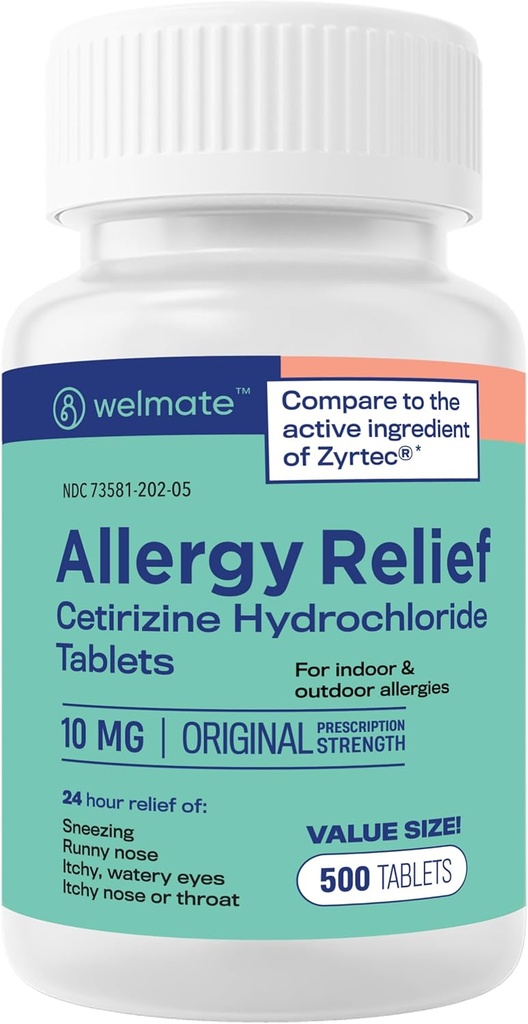 WELMATE - アレルギー救済 - Cetirizine HCl 10mg - 24時間アンチヒスタミン - 非眠気 - 鼻の鼻 - かゆみの目 & 喉 - 屋内&屋外アレルギー救済錠 - 500錠