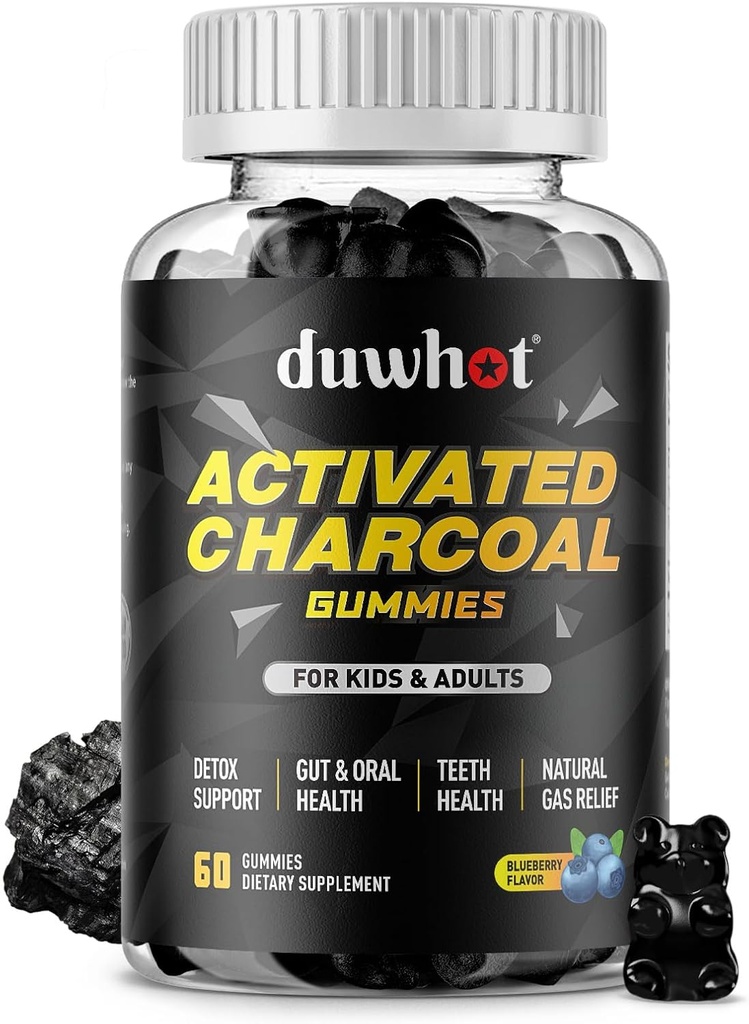 Activated Charcoal Gummies for Kids, 500mg Chewable Activated Charcoal Supplement for Gas Relief, Detox, Digestive and Oral Health, Vegan Blueberry Flavor, 60 Count