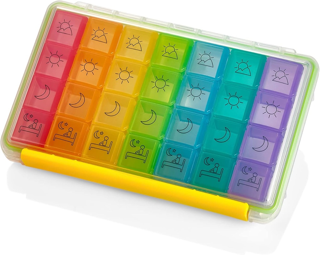 ウィークリーピルオーガナイザー - ポータブル4回-日-水水分-Proof AM / PMピルケース、多彩な7日間の薬用ホルダー処方ラベル付きピルボックス、薬効、ビタミン、サプリメント