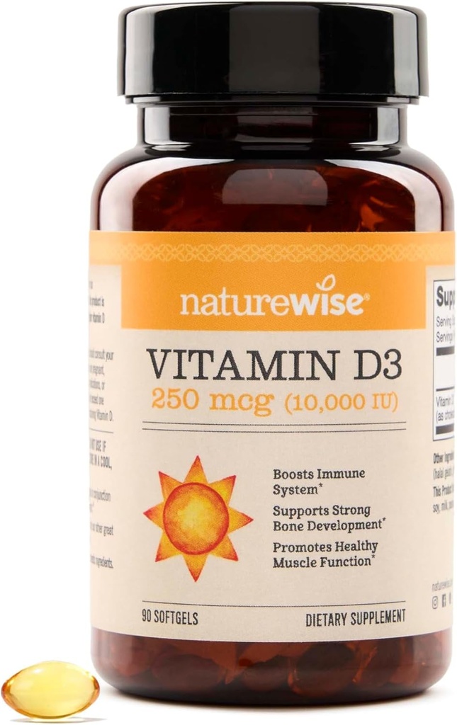 NatureWiseビタミンD3 10,000IU (250 mcg) 90日の供給 - 健康な免疫サポート&筋肉機能、非GMO、有機エキストラバージンオリーブオイルでグルテンフリー、(ミニSoftgel)、90カウント