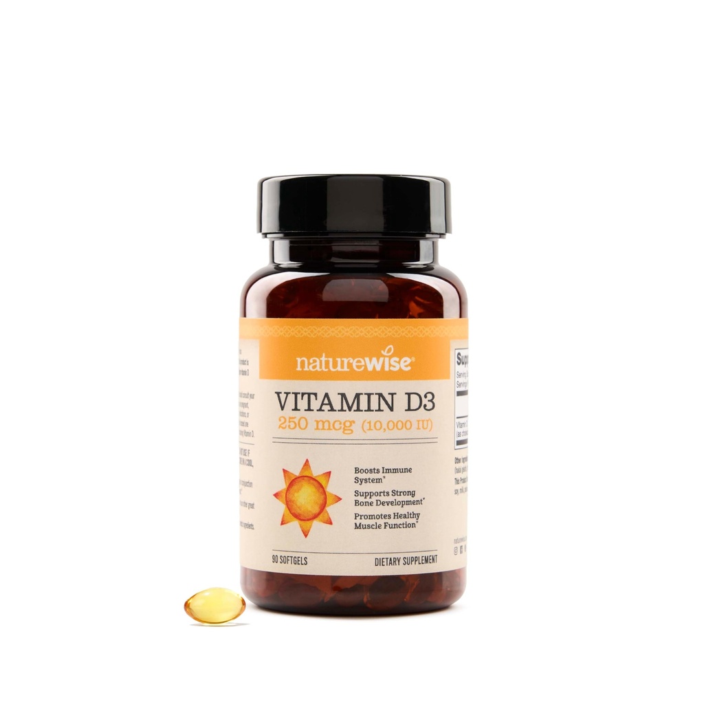 NatureWiseビタミンD3 10,000IU (250 mcg) 90日の供給 - 健康な免疫サポート&筋肉機能、非GMO、有機エキストラバージンオリーブオイルでグルテンフリー、(ミニSoftgel)、90カウント