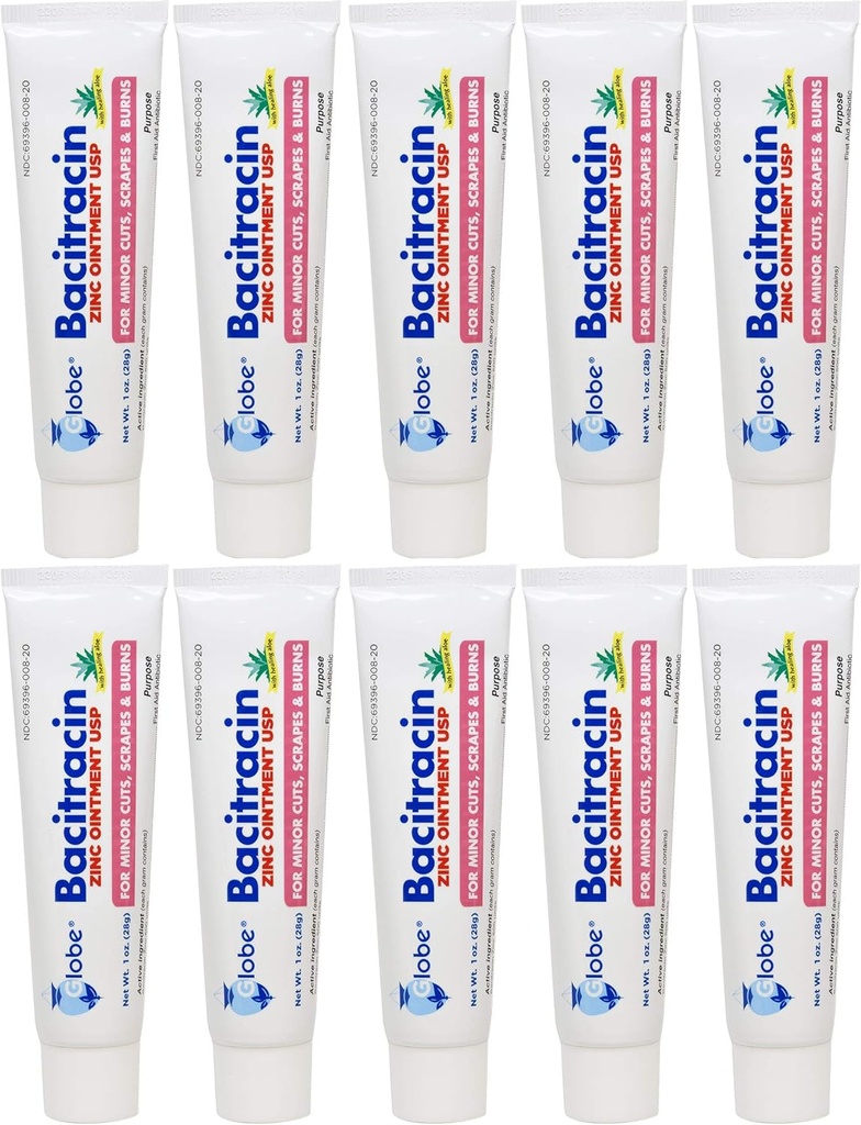 Globe Bacitracin 亜鉛軟膏 1 oz | 抗生物質軟膏 | エッセンシャル抗生物質ファーストエイド用品 | ヒーリングアクション | 最大抗生物質力 | カット、スクレープ、焼跡の感染を防止 | 10 パック |