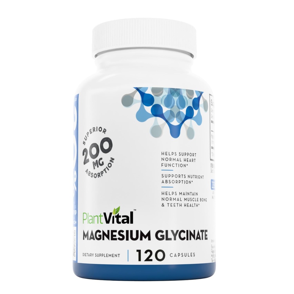 PlantVital マグネシウム Glycinate 200mg 120 カプセル - 高吸収性、非 GMO、ビーガン、グルテンフリー - サポート正常な睡眠、筋肉及び神経機能、正常な中心及び骨の健康、助けの感じ Calm 及び弛緩