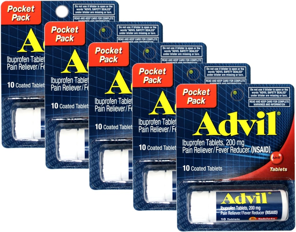Advil Ibuprofen 200mg (NSAID)のポケット パック、10の上塗を施してあるタブレット(5のパック)