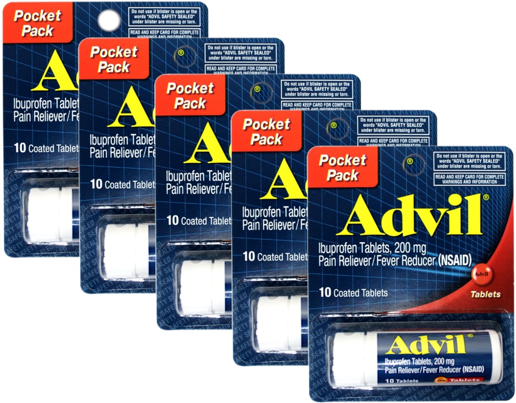 Advil Ibuprofen 200mg (NSAID)のポケット パック、10の上塗を施してあるタブレット(5のパック)