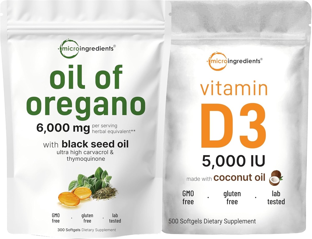 Oregano Softgelsのマイクロ原料オイル 6,000mg/サービング及びビタミンD3 5,000 IUの束のパック  4X強さのカルバトール及びThymoquinonの CholecalciferolとしてビタミンD