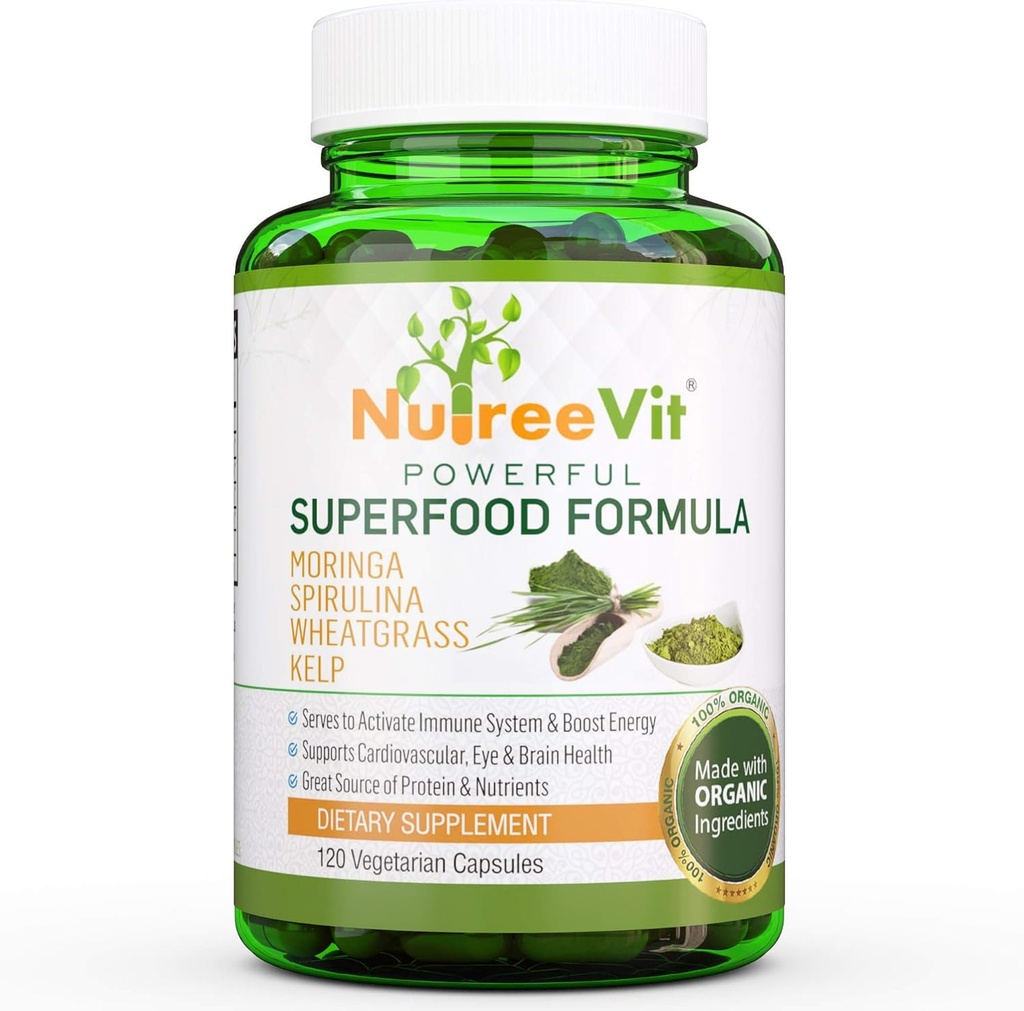 NutreeVit 100%オーガニック強力なスーパーフードフォーミュラ - Moringa、Spirulina、Wheatgras、Kelp - 90カウントボトルと免疫システムブースターエネルギーピル