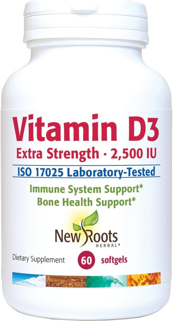 NEW ROOTS HERBAL ビタミンD3 2,500 IU(62.5mcg) | ヘルシーマッスル機能 | 免疫サポート | 非GMO・グルテンフリー(60 Softgels)