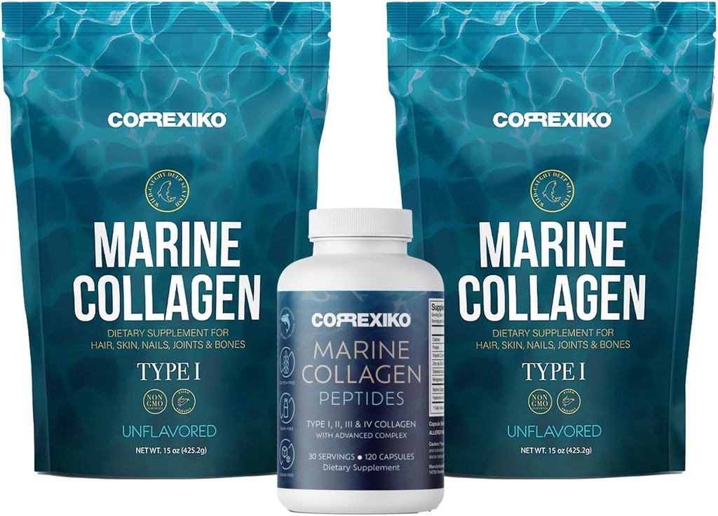 CORREXIKO 2Xマリンコラーゲンパウダー(15oz)&1xマリンカプセルバンドル