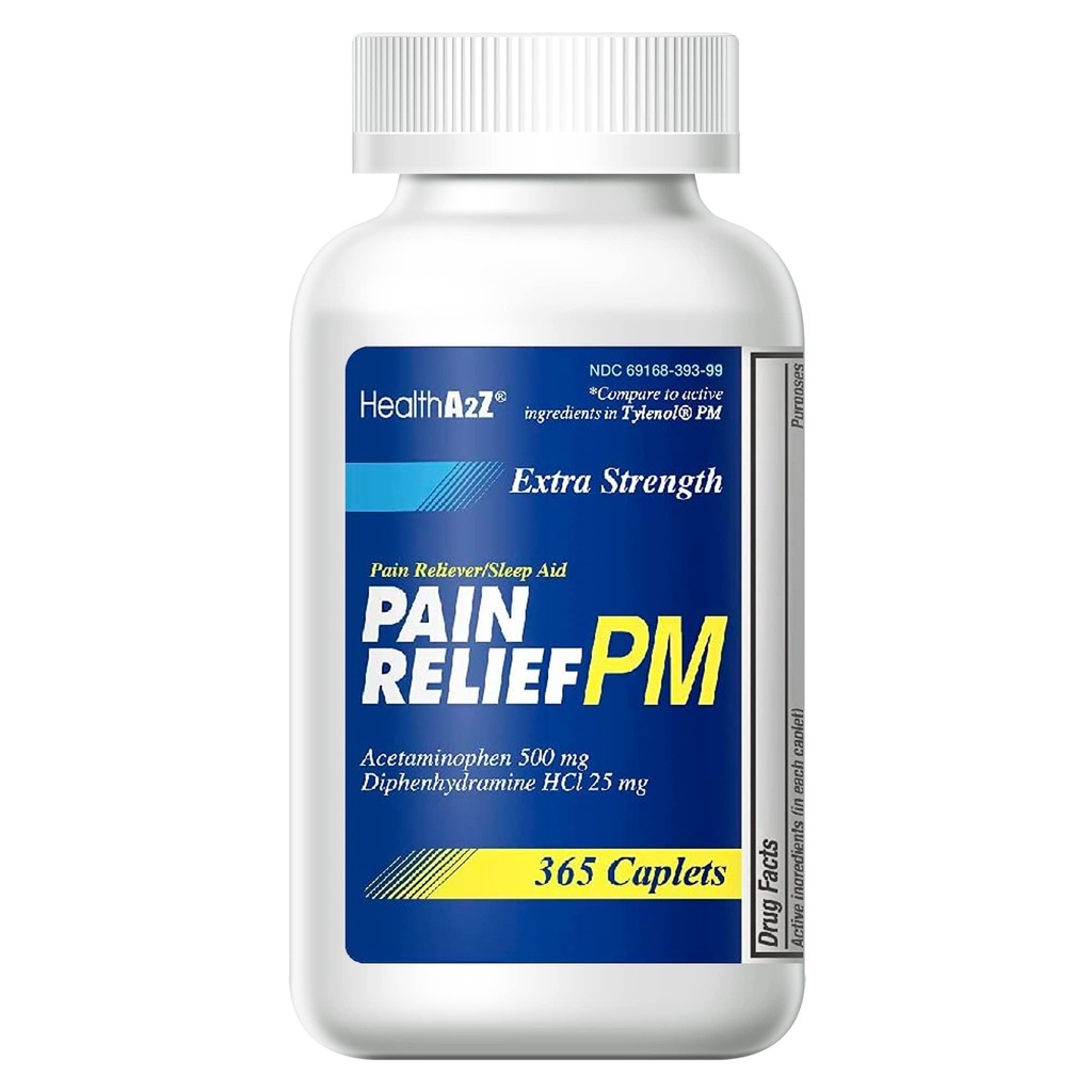HealthA2Z® 強度の痛みの軽減 PM|アセトアミノフェン 500mg | ジフェンヒアラミン 25mg | 痛みの回復と夜間の睡眠援助 | (365 カウント)
