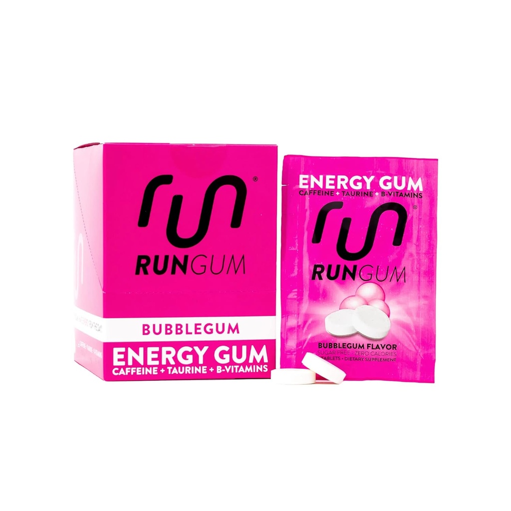 RUN GUM Bubblegum Energy Chewing Gum 50mgカフェインタウリン&B-Vitamins Per Piece、24ピース(12パック)砂糖無料、ゼロカロリー、アスパルテームなし、グルテンフリー