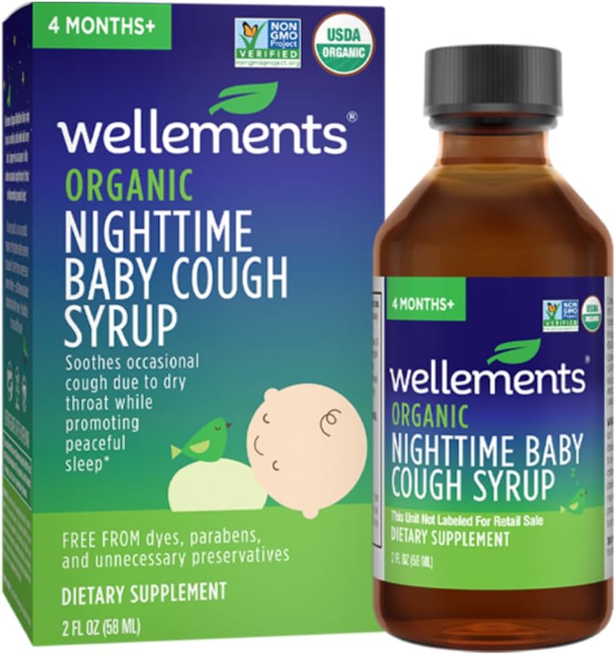 Wellements Organic Nighttime Baby Cough Syrup | 平和な夜眠りを促進しながら、ドライスロートによるソワーズ・オカソラクル*、USDA Organic | 2 Fl Oz、4ヶ月+