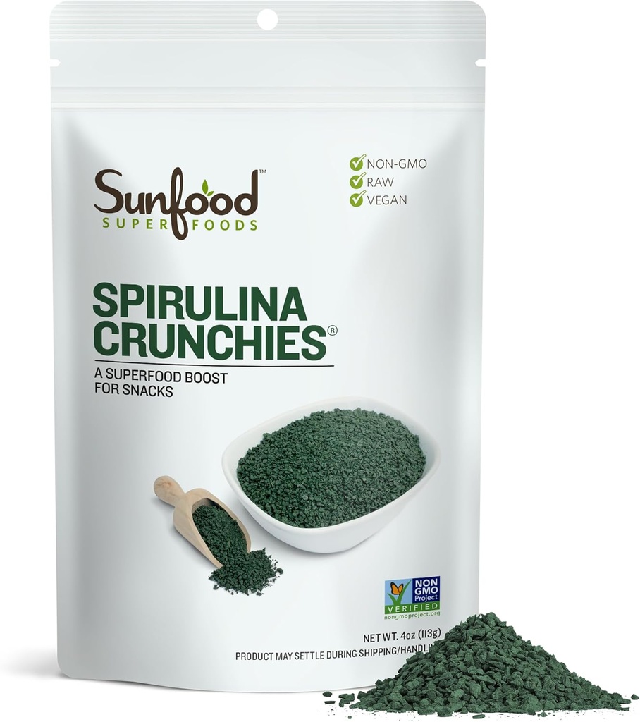 Sunfood Superfoods Spirulina Crunchies - 青い緑の藻、Spirulinaのタブレット、乾燥された粉、未加工ビーガン藻の補足、非GMO - 4つのoz袋からのChlorophyllエネルギー ビット