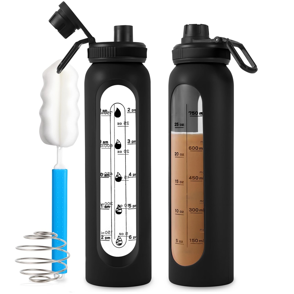 ガラス シェーカーのびん34oz/1Lのシェーカーの球が付いている黒いガラス蛋白質のシェーカーのびん蛋白質のミキサーのための大きいシェーカーのびん 携帯用粉のミキサーの混合機水差し 体育館のワークアウトのスポーツのためのスポーツ
