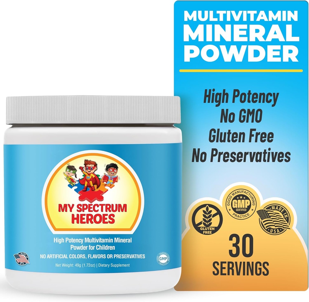 My Spectrum Heroes Kids Powder Multivitamin - Powder Supplement, Better Absorption, Non-GMO, Non-Gluten, No Artificial Ingredients - Neural Help for Children on The Spectrum - 30 Servings