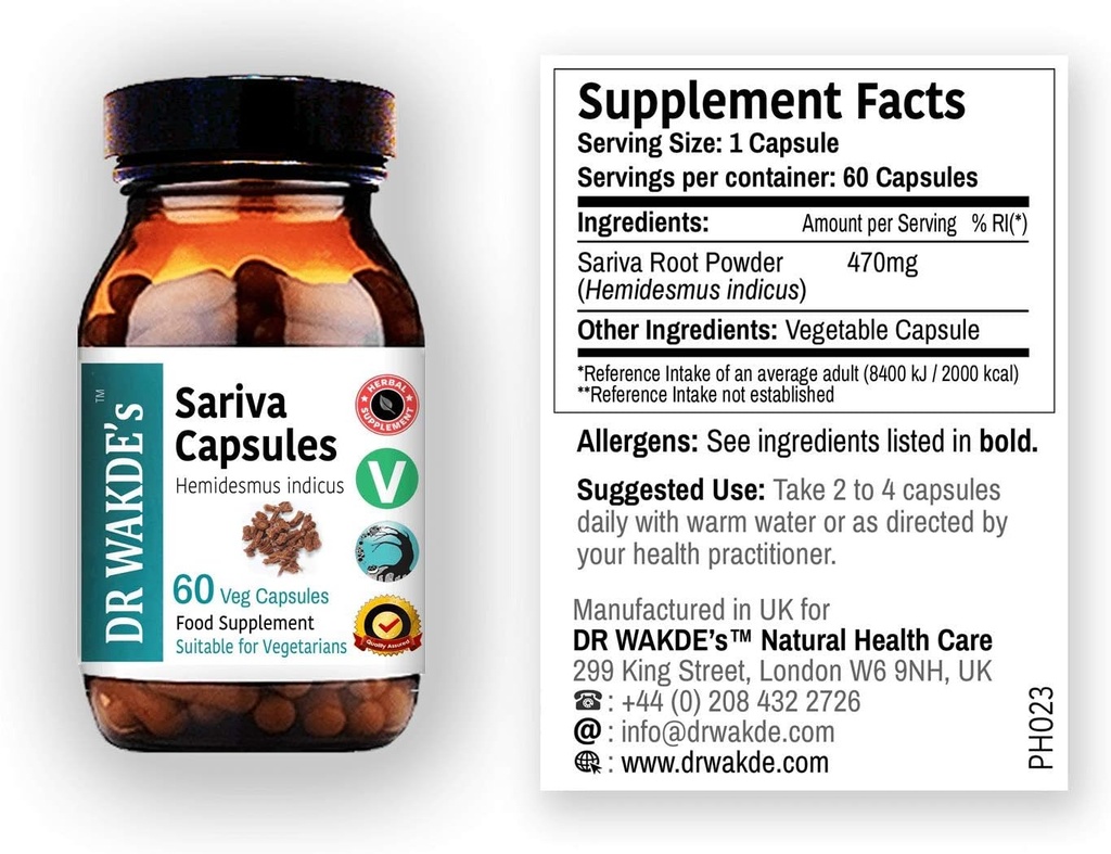 DR WAKDE'S Sariva Capsules (Anantomoola | Hemidesmus indicus) | 60 Veg Caps | Ayurvedic Supplement | Vegan | 100% Herbal | Quantity Discounts | Same Day Dispatch