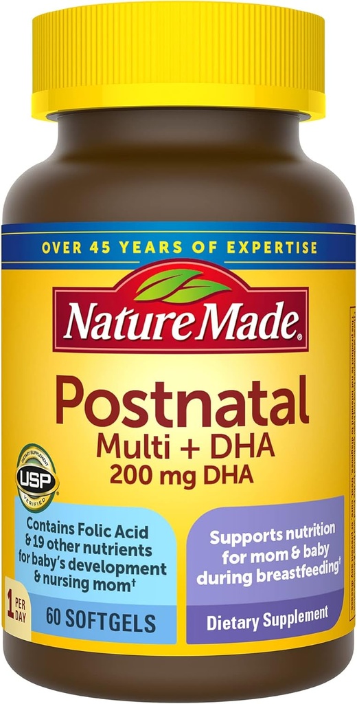 自然は産生のMultivitamin + DHA 200のmg、母乳育児のためのpostnatalビタミン及び赤ん坊、ビタミン及び栄養素は鉄、ビタミンD3、カルシウム、イオジンおよび多く、60のSoftgelsを含んで下さい
