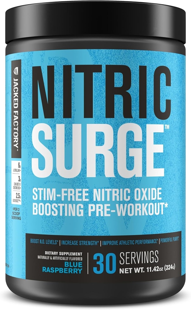 Jacked Factory Nitric Surge Stim Free Pre Workout Powder - Caffeine-Free Nitric Oxide Supplement w/Con-Cret Creatine, L Citrulline, & GlycerSize Glycerol - Blue Raspberry, 30 Servings