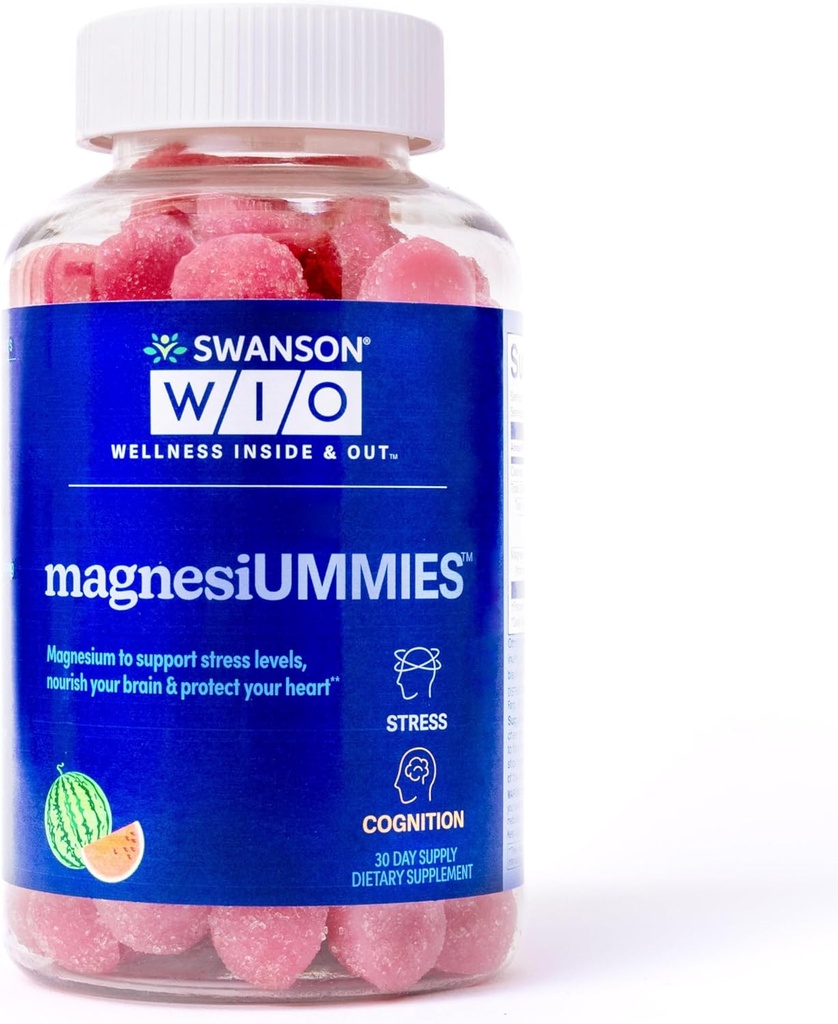 Swanson WIOTM magnesiUMMIESTM ストレスサポート, 心臓の健康, ストレス, ウォーターメロン, マグネシウム 336mg, ビーガン, 非GMO, グルテンフリー, 骨の健康 - 12oz ボトル, 120 グミー (30日間供給)