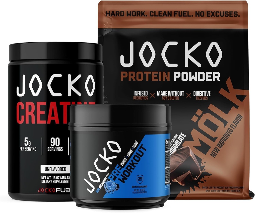 Jocko燃料3パックジムバンドル - クレアチン、チョコレートモルク、ブルーラズベリープレワークアウト
