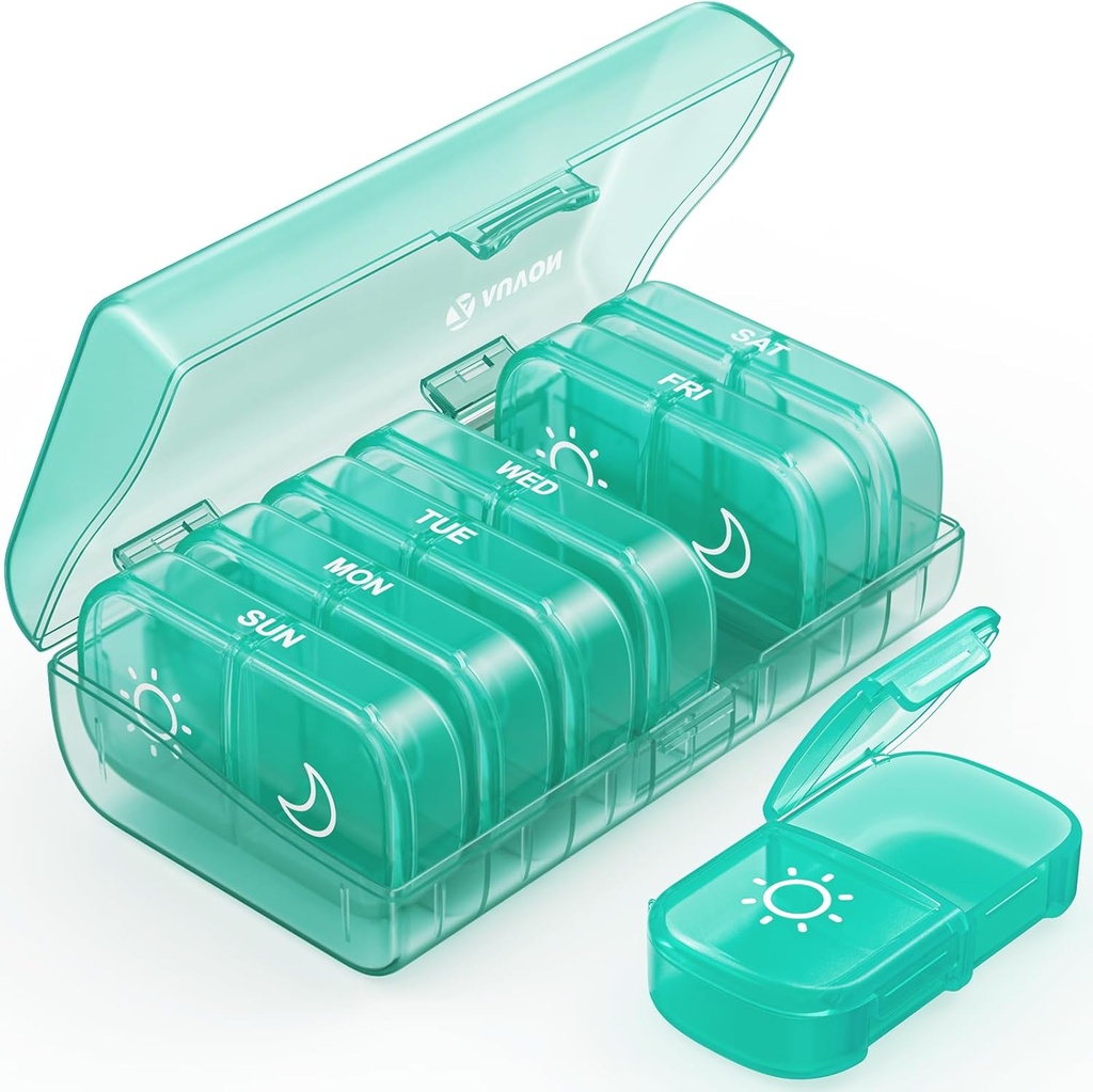 AUVON XL Weekly Pill Organizer 2 日、Pill Box 7 Day with One-Side Large Openings for Easy to use、Cyan AM PM Pill Case for Medication、ビタミン、魚油、サプリメント