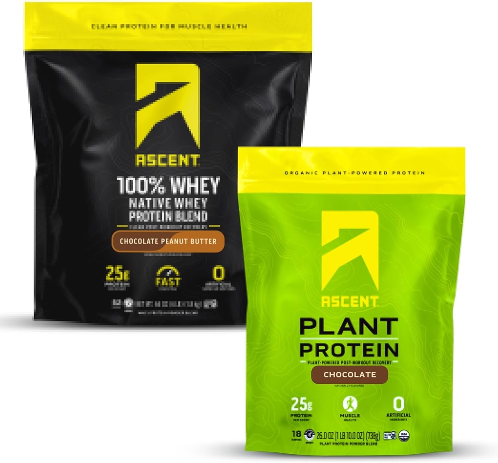 Ascent Whey + Plant Protein Powder - Chocolate Peanut Butter 4 lb & Chocolate 18 Servings