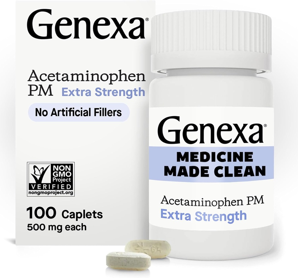 GenexaのきれいなアセトアミノフェンPM 500mgの余分強さ、染料の自由な苦痛Relieverの夜間睡眠の援助、熱心な減力剤、0%の人工的な添加物、頭痛、腰痛、マイナー関節炎の苦痛、100のタブレットを取り除きます