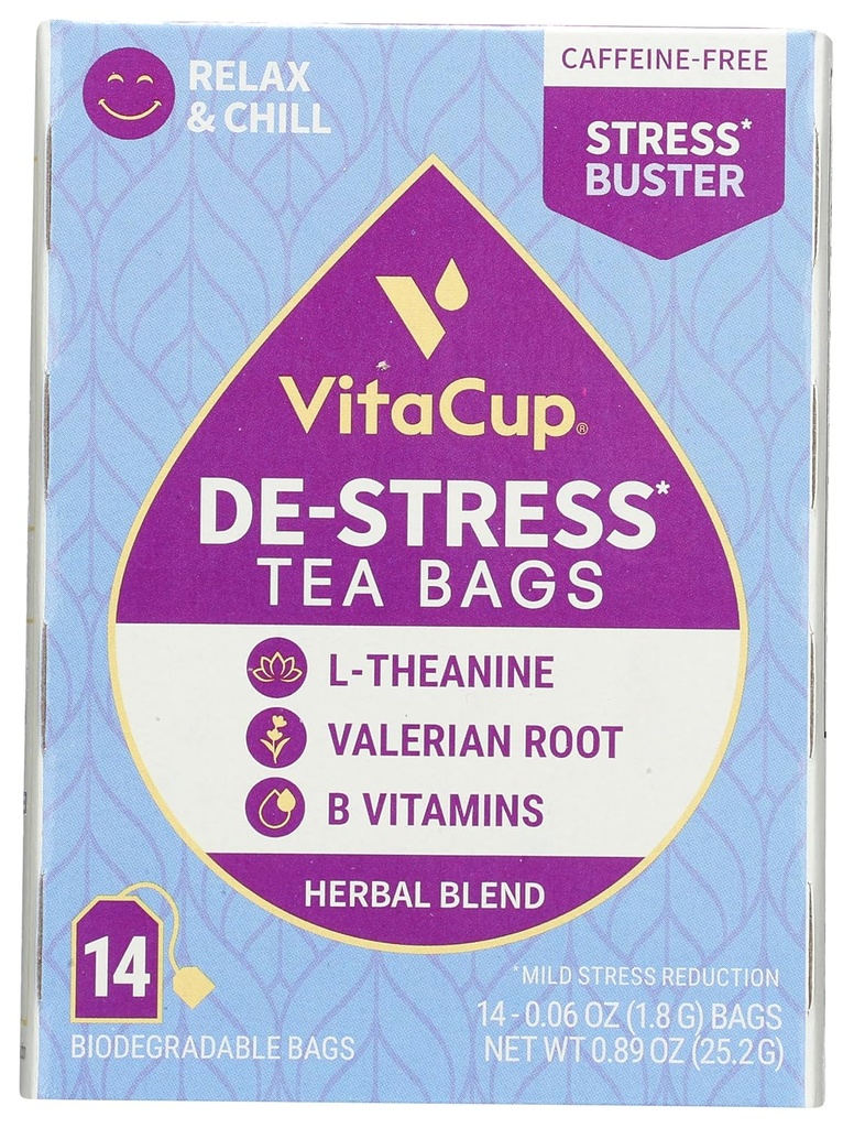 VitaCup、リラックス&チャモミール、L-テアニン、バレリアンルート&Bビタミン、カフェイン無料シングルセルブウェルネスティーサチェットバッグ、14カラット
