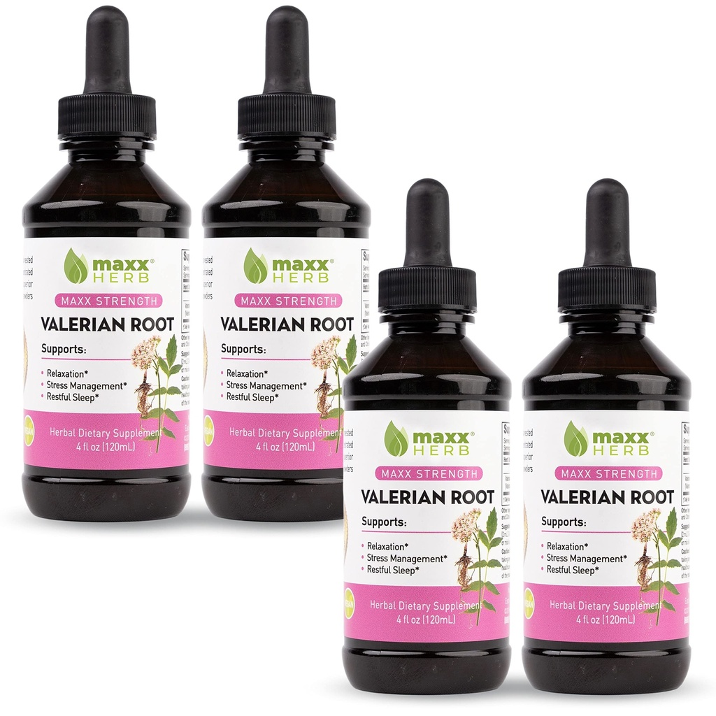 Maxx Herb Valerian Root Extract - 最大強度、液体 Valerian Rootは、リラックスと休息のために、カプセルよりも優れた吸収性、アルコールフリー - 4ボトル、4 Ozそれぞれ(240のサービング)