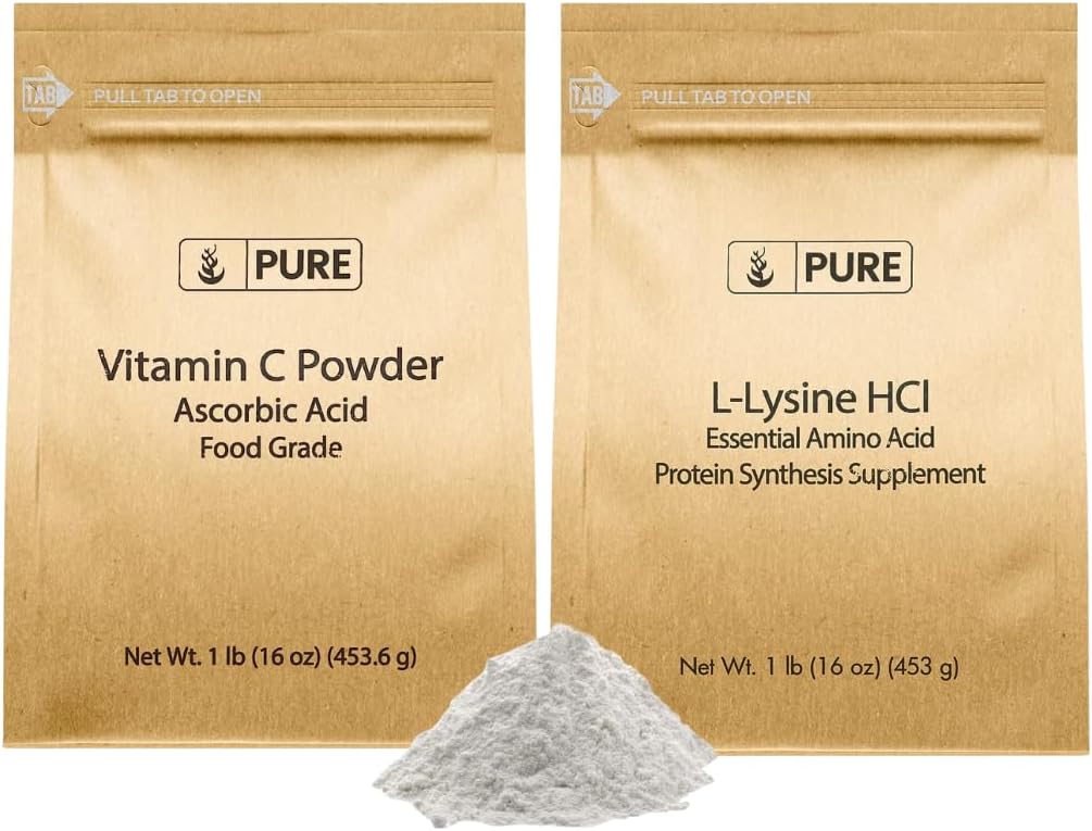 純粋な元の INGREDIENTS L-Lysine HCI および Vitamn C の粉の束、1 ポンドそれぞれ、非 GMO のグルテンフリー、食事療法の補足