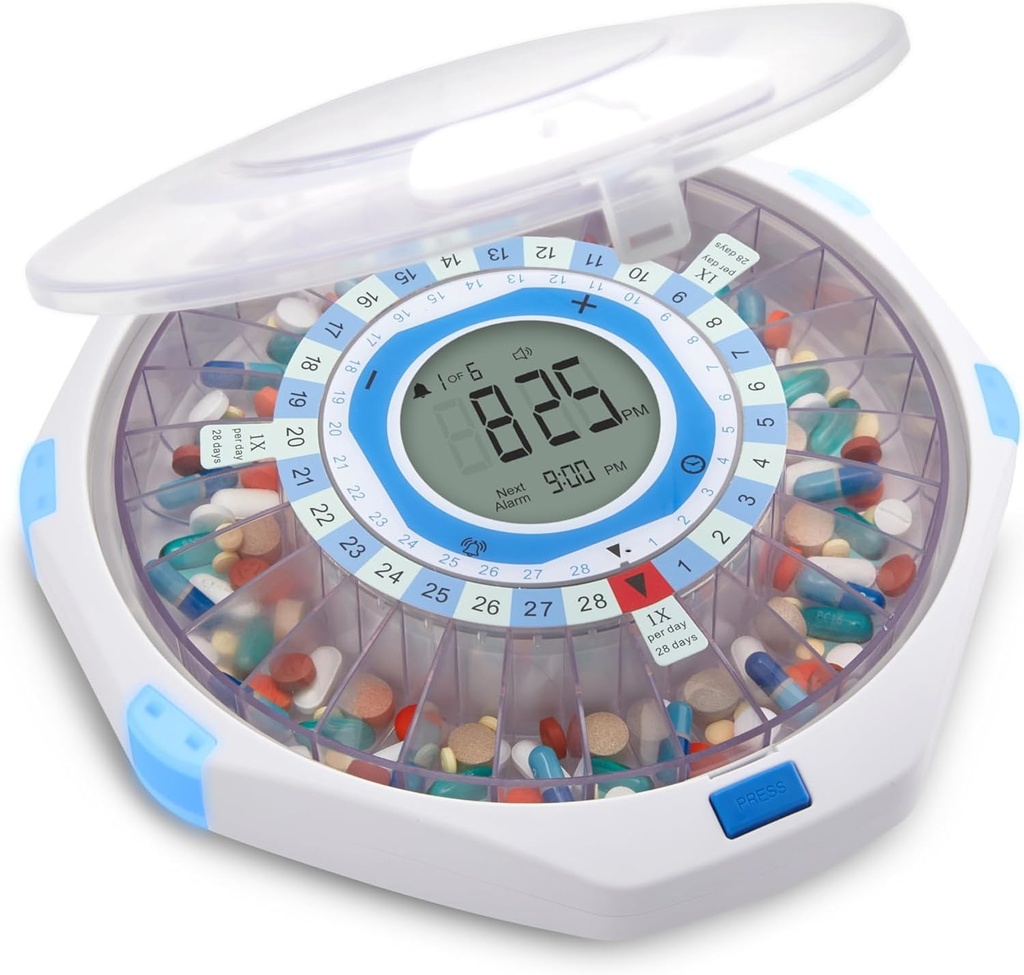 LiveFine WiFiの自動丸薬ディスペンサーおよび鍵を締めることのリモート・メディテーションのモニタリング システム、9つの点までの28日間の薬のオルガナイザー、規定及びVitamiのための調節可能なライト/音警報