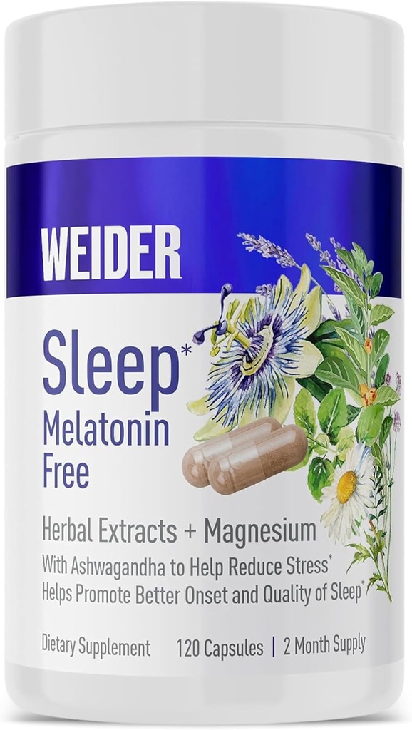 Weider MelatoninはKSM-66 Ashwagandha、マグネシウム、Lavender、Lemon Balm、Chamomile、ValerianおよびPassionflowerのエキス、ホルモン及び薬剤の自由な、非習慣の形成、120ctの自由な睡眠の援助の補足を解放します