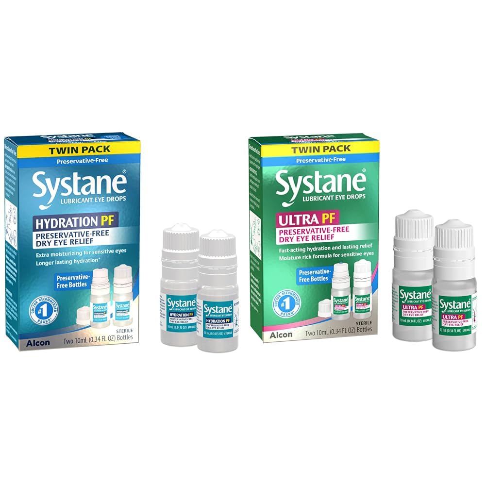 Systane の水和の複数の線量の防腐剤なしの目の低下の乾燥した目の救助のツイン パック (2x10ml)及び超多線量の防腐剤なしの目の低下の対のパック (2x10ml)