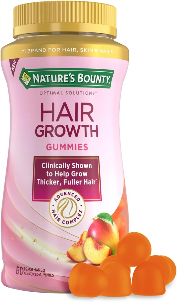 Nature's Bounty Hair Growth Gummiesは、バイオチン、シリコン&アルギニン、ピーチマンゴーフレーバー、グルテンフリー、乳糖、ナトリウム、魚、60カウント/30のサービングをサポート