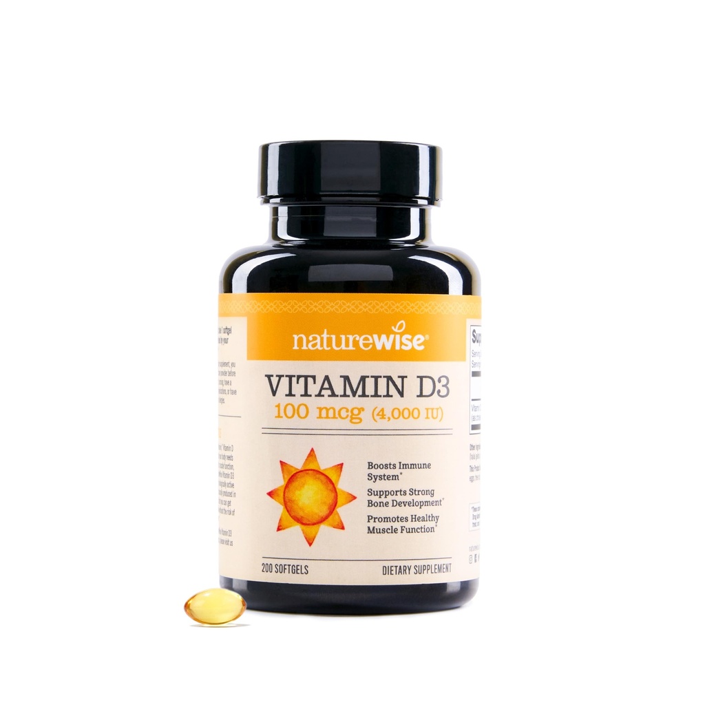 NatureWiseビタミンD3 4000iu (100 mcg) 200日供給免疫サポート、健康な筋肉機能、および骨の健康 - 非GMO、有機エキストラバージンオリーブオイル(ミニSoftgel)、200カウント