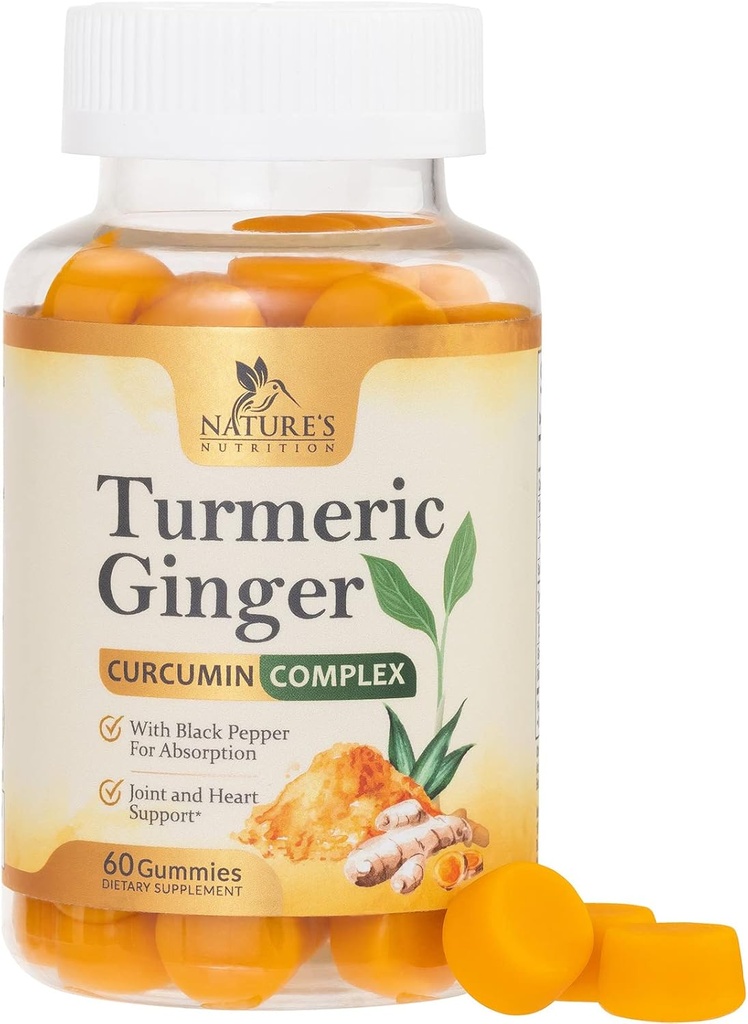 Turmeric Curcumin Supplement Gummies - 95% Curcuminoids with Turmeric & Ginger, Black Pepper for Best Absorption, Nature's Vegan Joint Support, Non-GMO, Gluten Free, Tasty Peach Flavor - 60 Gummies