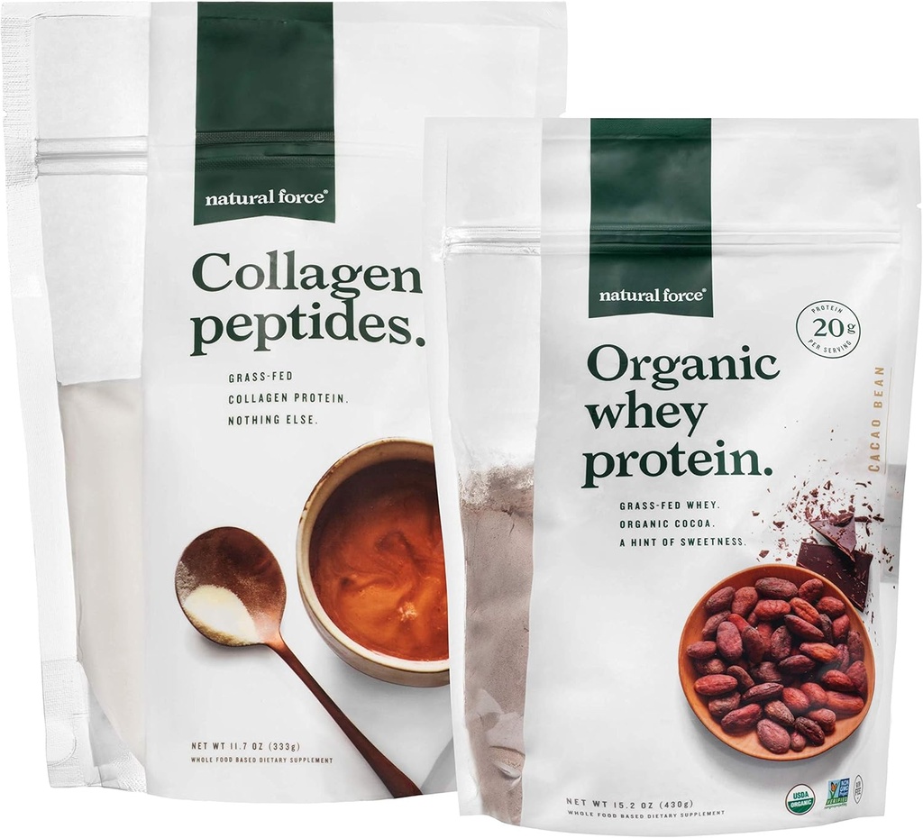 ナチュラルフォースクレンジング、草フェッドコラージュペプチド+チョコレートオーガニックウィープロテインバンド–オーガニック、非GMOウィープロテイン&加水分解タイプIとIIIコラージュ– 15.2オンスバッグと11.7オンスバッグ