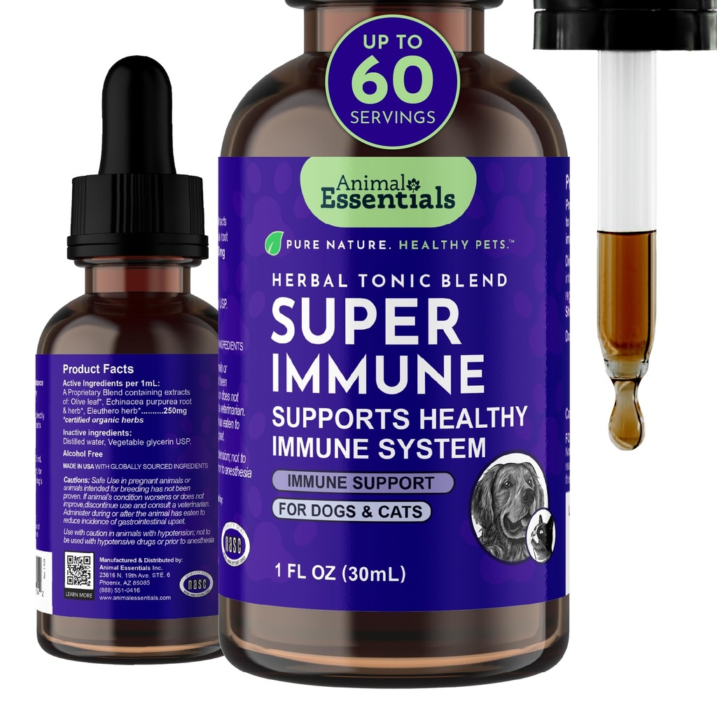 犬と猫のための動物エッセンシャルスーパー免疫 - 免疫システムサポートサプリメント、Echinacea、Eleuthero、オリーブリーフエキス、液体ドロップ - 1 Fl Oz