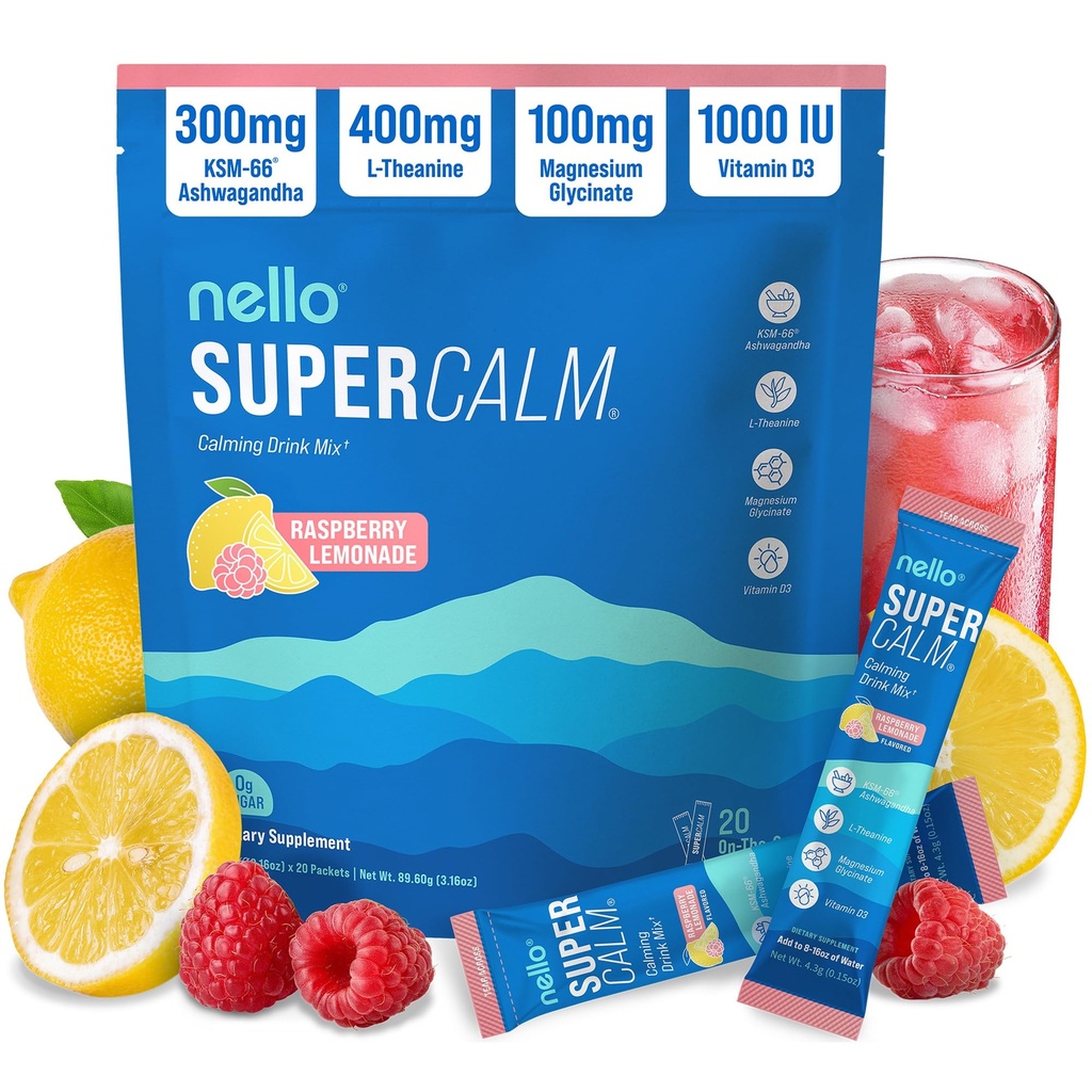 NelloのSupercalmは飲み物の組合せ、ラズベリーのLemonade、Lのテアニン、Ksm-66 Ashwagandha、マグネシウムのGlycinate、ビタミンD 3の弛緩及び焦点のための補足、砂糖、非GMO無し、行きます、20 Ct