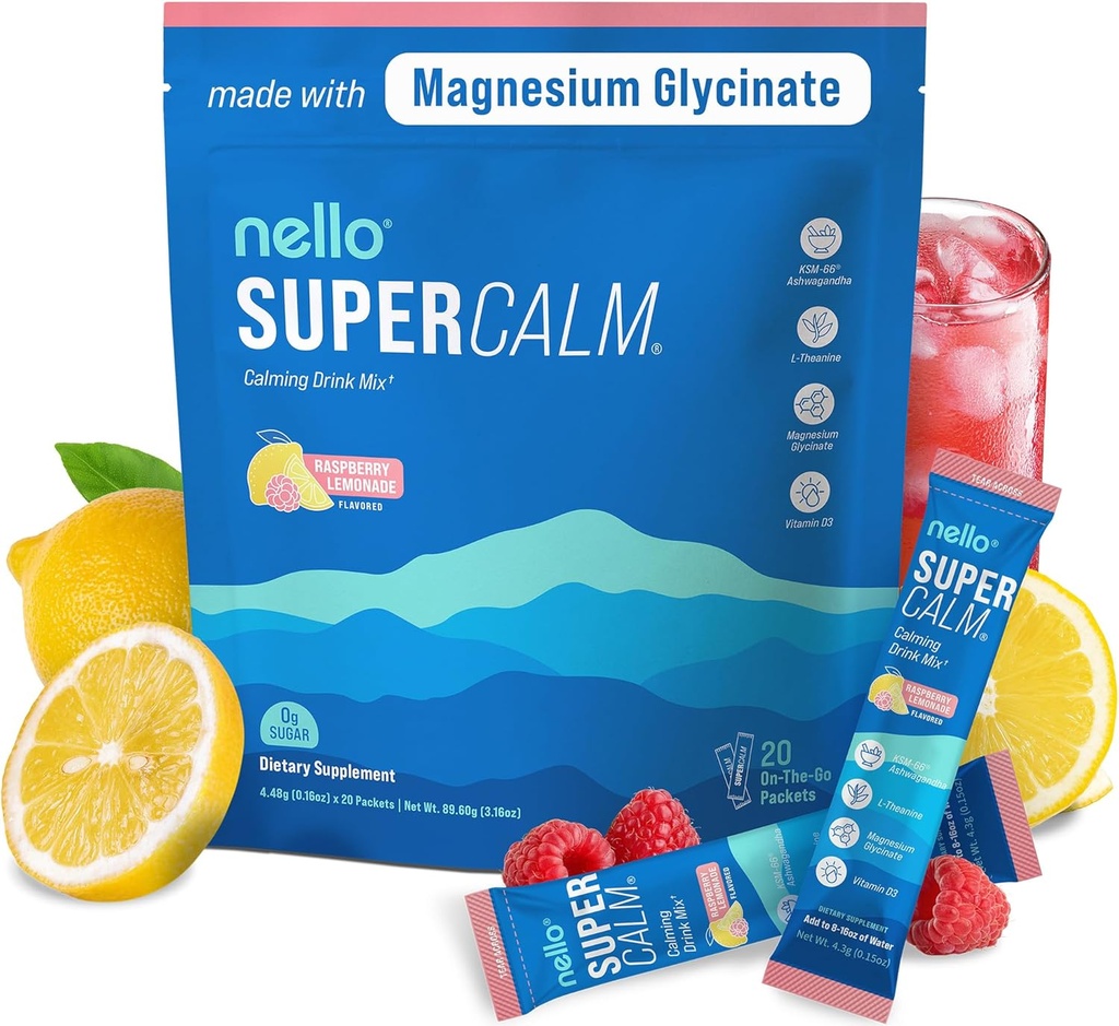 NelloのSupercalmは飲み物の組合せ、ラズベリーのLemonade、Lのテアニン、Ksm-66 Ashwagandha、マグネシウムのGlycinate、ビタミンD 3の弛緩及び焦点のための補足、砂糖、非GMO無し、行きます、20 Ct