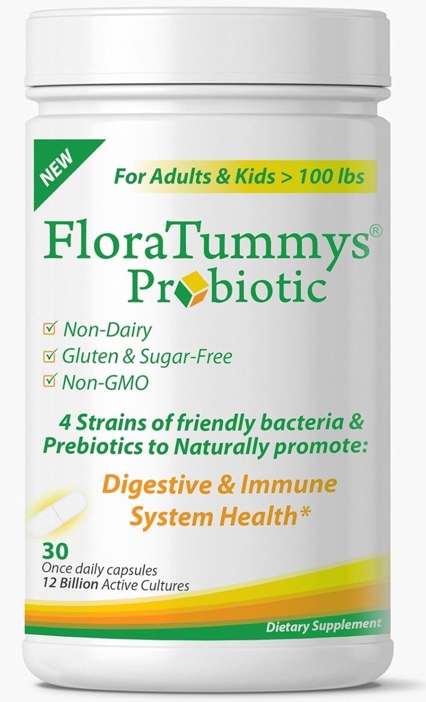 FloraTummys Best Probiotic for Women, Men and Kids. 12 Billion CFU, 4 Probiotics, Prebiotics, Non-GMO, Kosher, Non-Dairy, Gluten Free, Sugar Free, 米国製