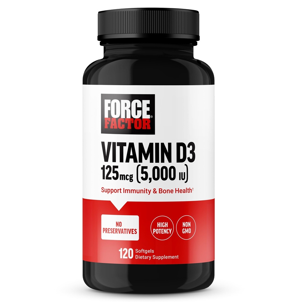フォースファクタービタミンD3 5000 IU Softgels、免疫と骨の健康、優れた品質、保存料なし、120 Softgelsをサポートする高周波ビタミンDサプリメント