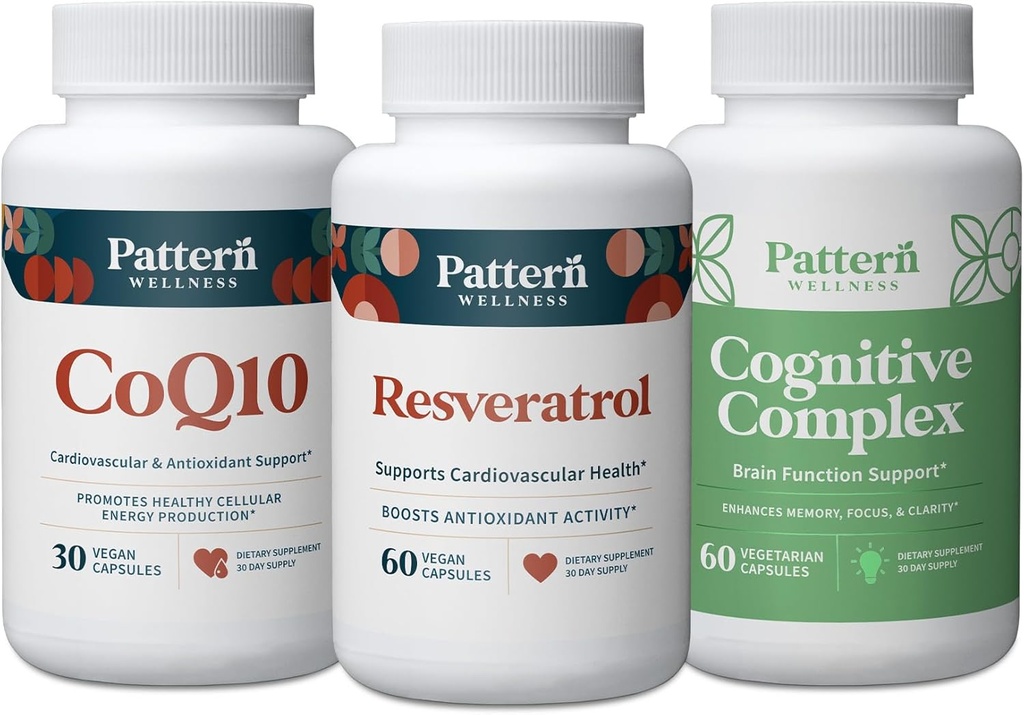 パターンウェルネスヘルシーエイジングバンドル - CoQ10、レスベラトロール、認知コンプレックス - タイムレスヘルス&ウェルネスを促進 - 3パック、オールナチュラル、ビーガンフレンドリーフォーミュラ