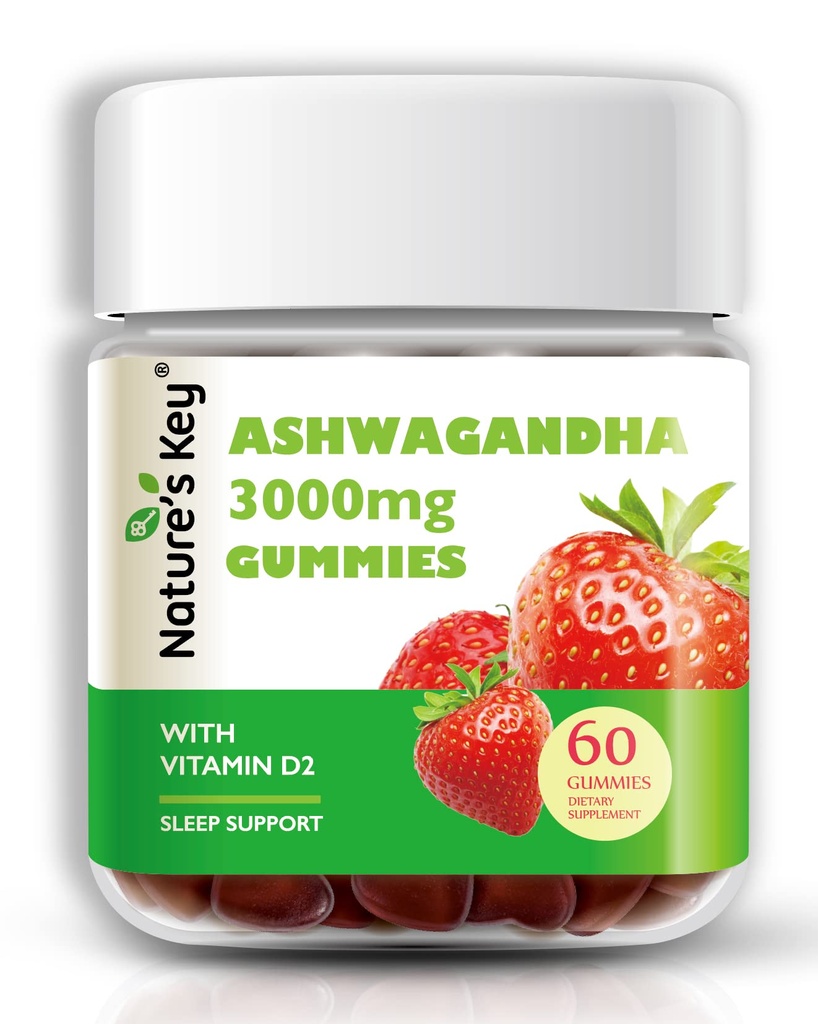 Nature's Key Ashwagandha Gummies、3000mgのビタミンD2、ストレス、Calm Mood&Cognition、男性&女性、イチゴ味(60カウント)