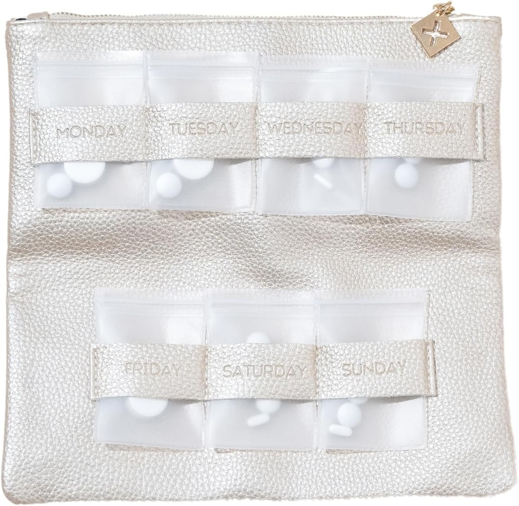 Dosey Gold Era 7デイピル財布 - ビーガンレザーデイリーピルオーガナイザー - 高級トラベルポーチ、医療用ストレージと保護のための気密ピルポケット - スタイリッシュな丸薬オーサナイザー - 金