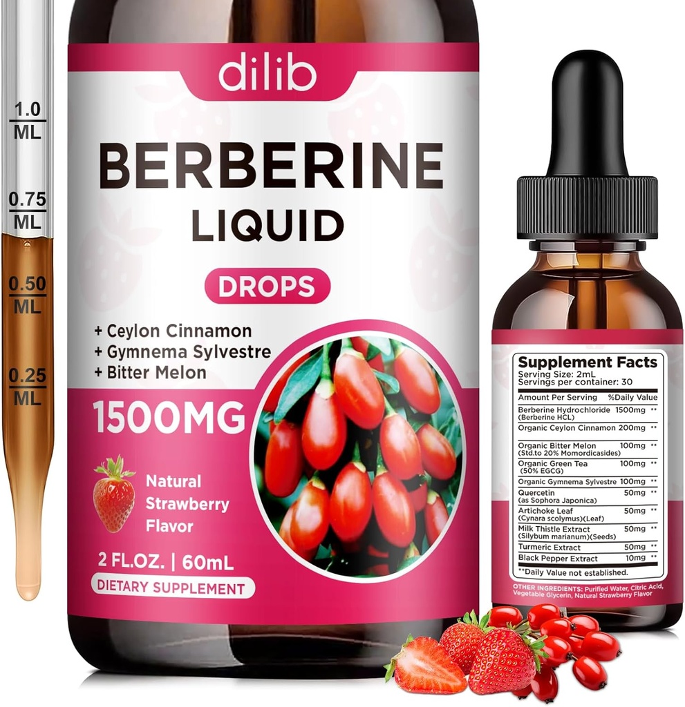 Berberineの補足の液体の低下-Ceylonのシナモン、ビターメロン、免疫、消化システム及び中心の健康、自然ないちごの味、2 Fl Ozが付いているBerberine HCL 1500mg