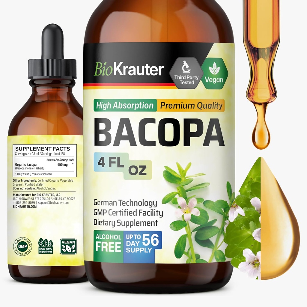 BIO KRAUTER Bacopa Monnieri Supplement Liquid - Brain Support Brahmi - Alcohol & Sugar Free Liquid Bacopa Herb Drops 4 Fl.Oz.